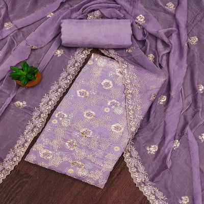 Lavender Floral Embroidered Organza Dress Material