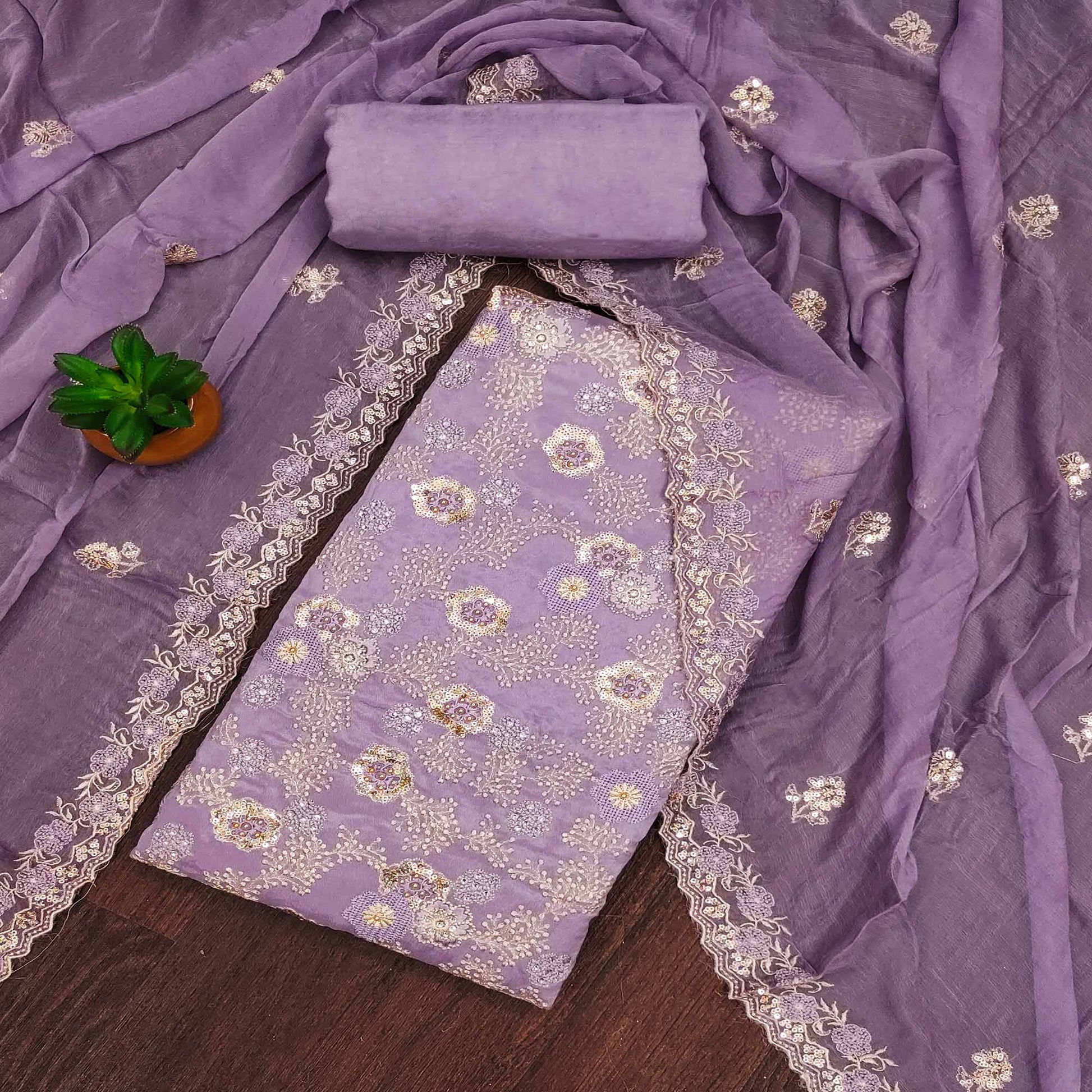 Lavender Floral Embroidered Organza Dress Material