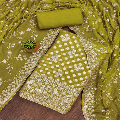 Mehendi Green Floral Embroidered With Woven Georgette Dress Material
