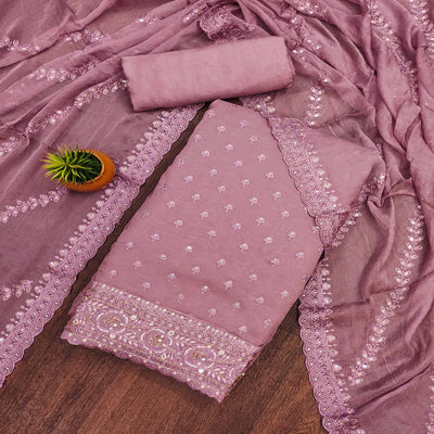 Mauve Floral Sequins Embroidered Cotton Silk Dress Material