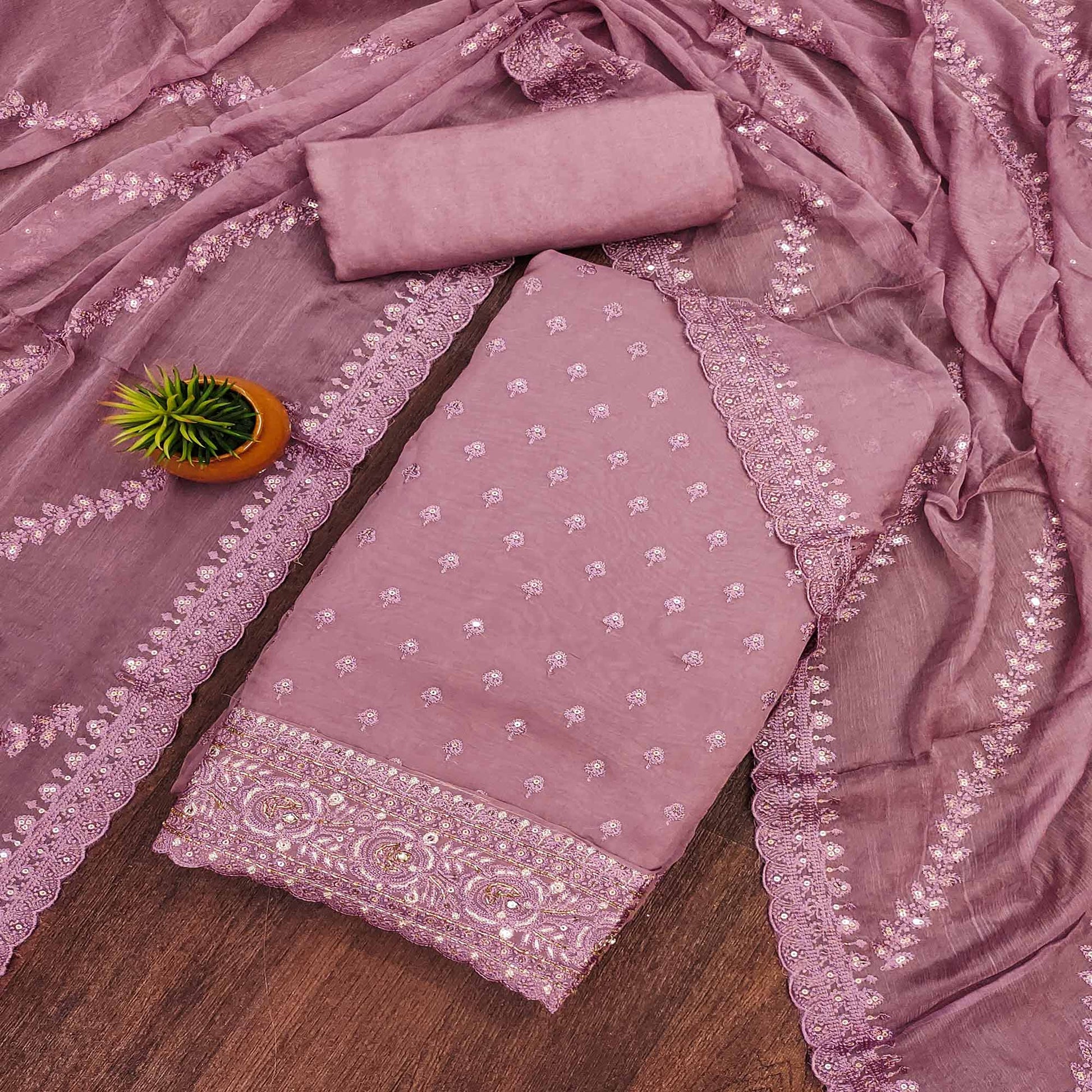 Mauve Floral Sequins Embroidered Cotton Silk Dress Material