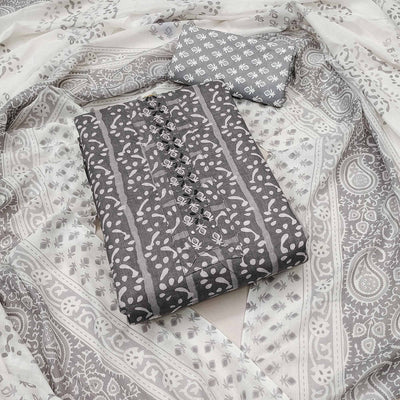 Grey Printed With Yoke Embroidered Pure Cotton Dress Material