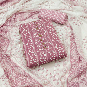 Mauve Printed With Yoke Embroidered Pure Cotton Dress Material