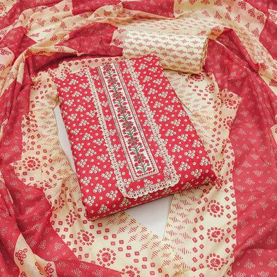 Gajari Red Printed With Embroidery Pure Cotton Dress Material