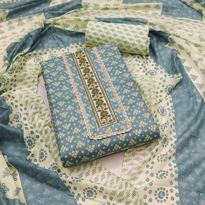 Grey Printed With Embroidery Pure Cotton Dress Material