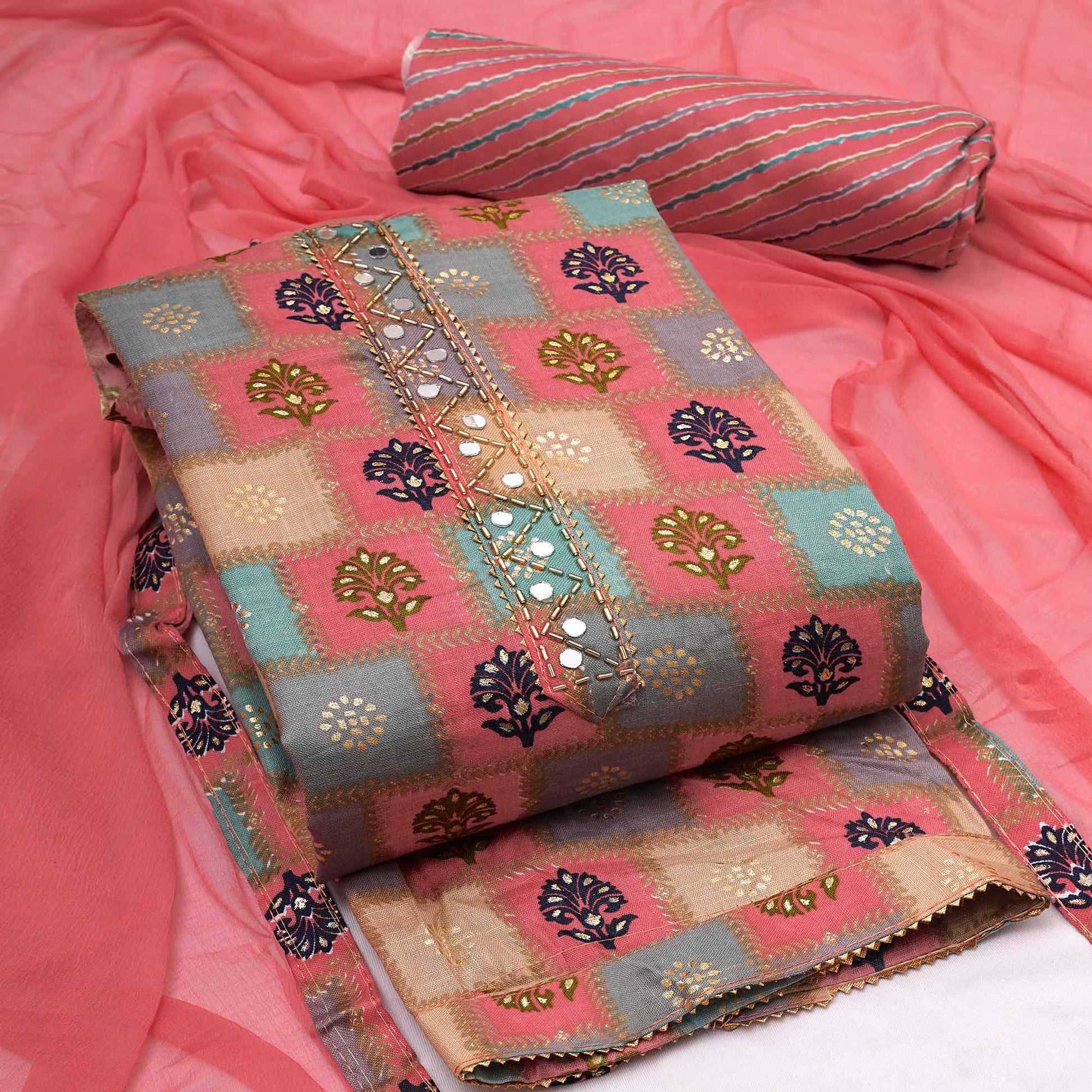 Gajari Pink Foil Printed Cotton Blend Dress Material