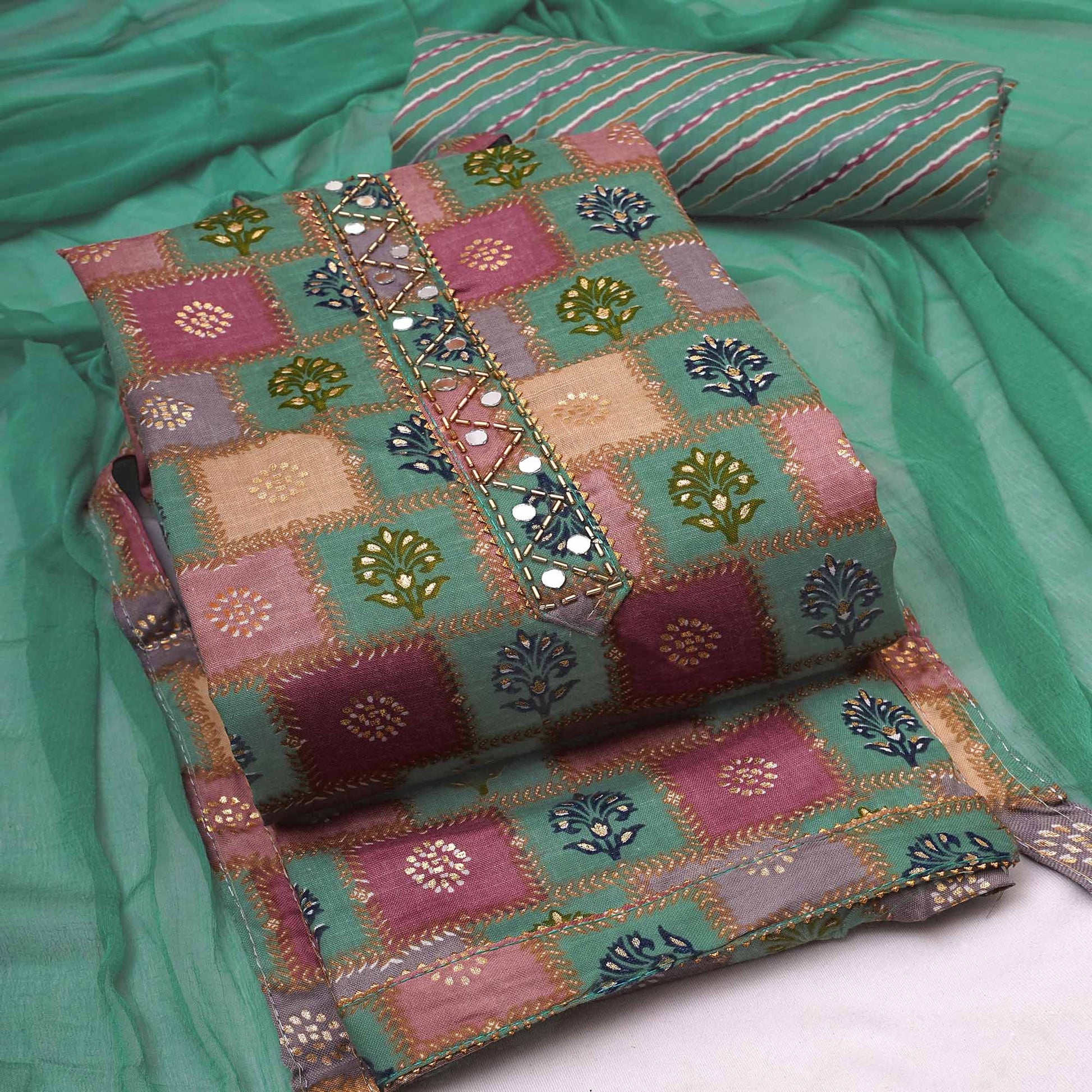 green-foil-printed-poly-cotton-dress-material