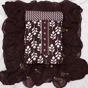 Coffee Brown Foil Printed Cotton Blend Dress Material