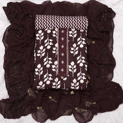Coffee Brown Foil Printed Cotton Blend Dress Material