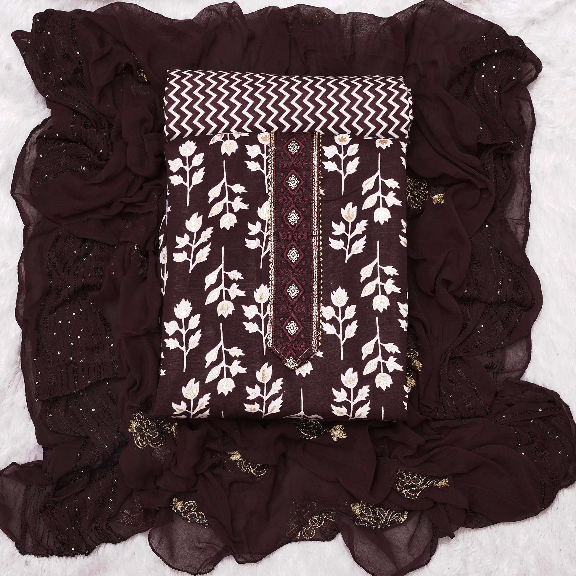 Coffee Brown Foil Printed Cotton Blend Dress Material