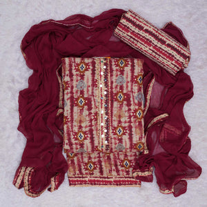 Maroon Foil Printed Cotton Blend Dress Material