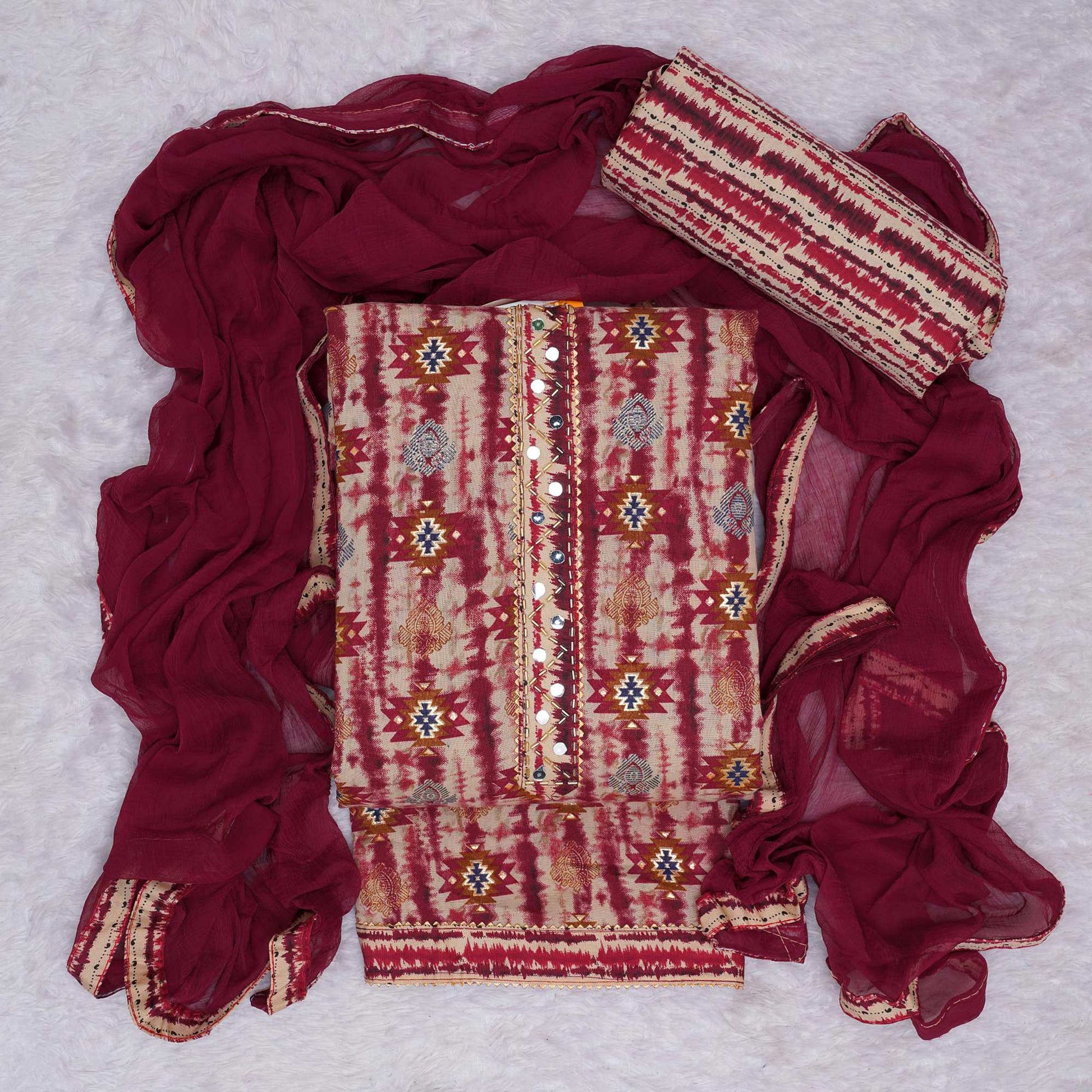 Maroon Foil Printed Cotton Blend Dress Material