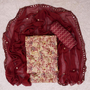 Chikoo & Maroon Foil Printed Cotton Blend Dress Material