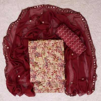 Chikoo & Maroon Foil Printed Cotton Blend Dress Material