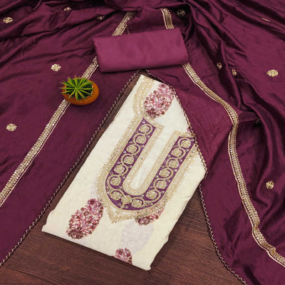 Cream & Wine Floral Printed Pure Cotton Dress Material