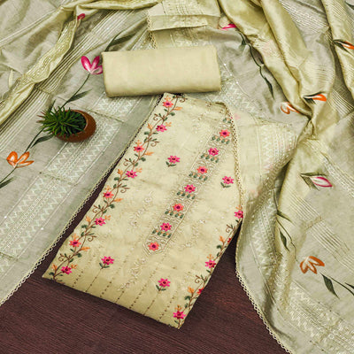 Cream Floral Sequins Embroidered Chanderi Dress Material