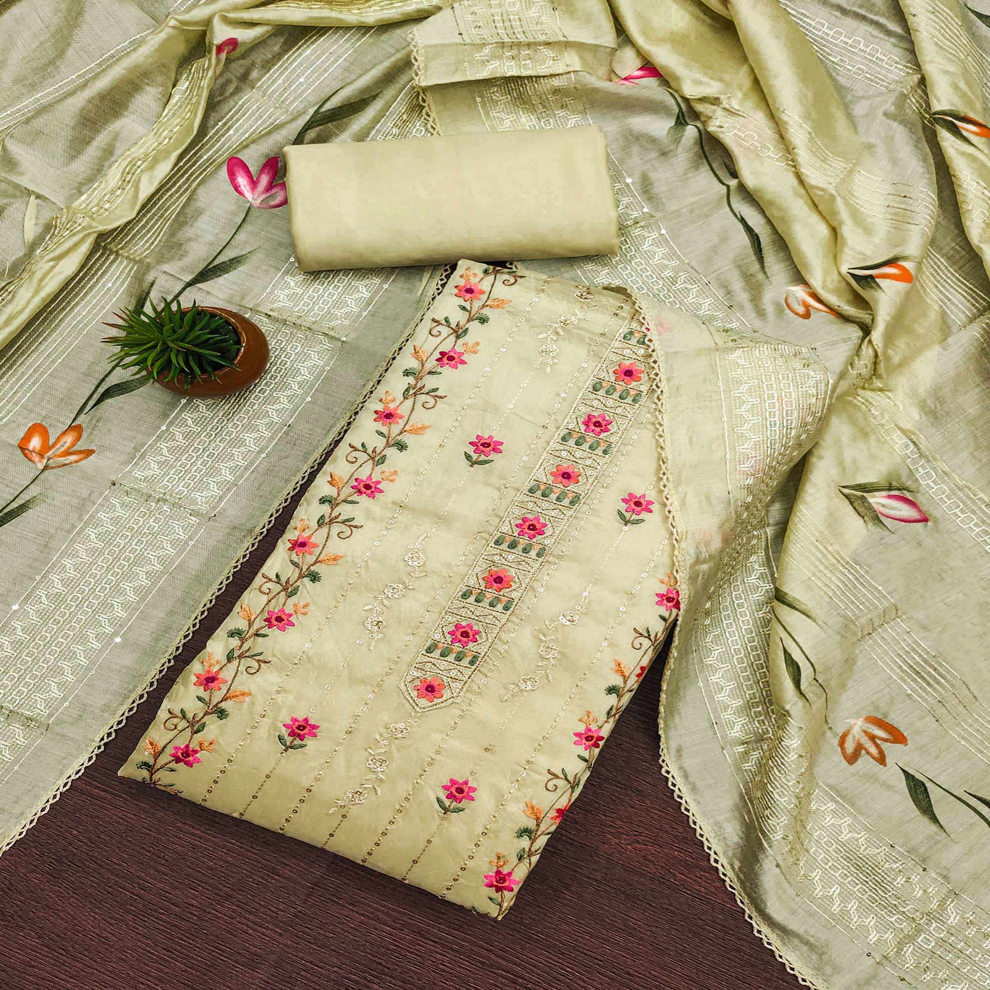 Cream Floral Sequins Embroidered Chanderi Dress Material
