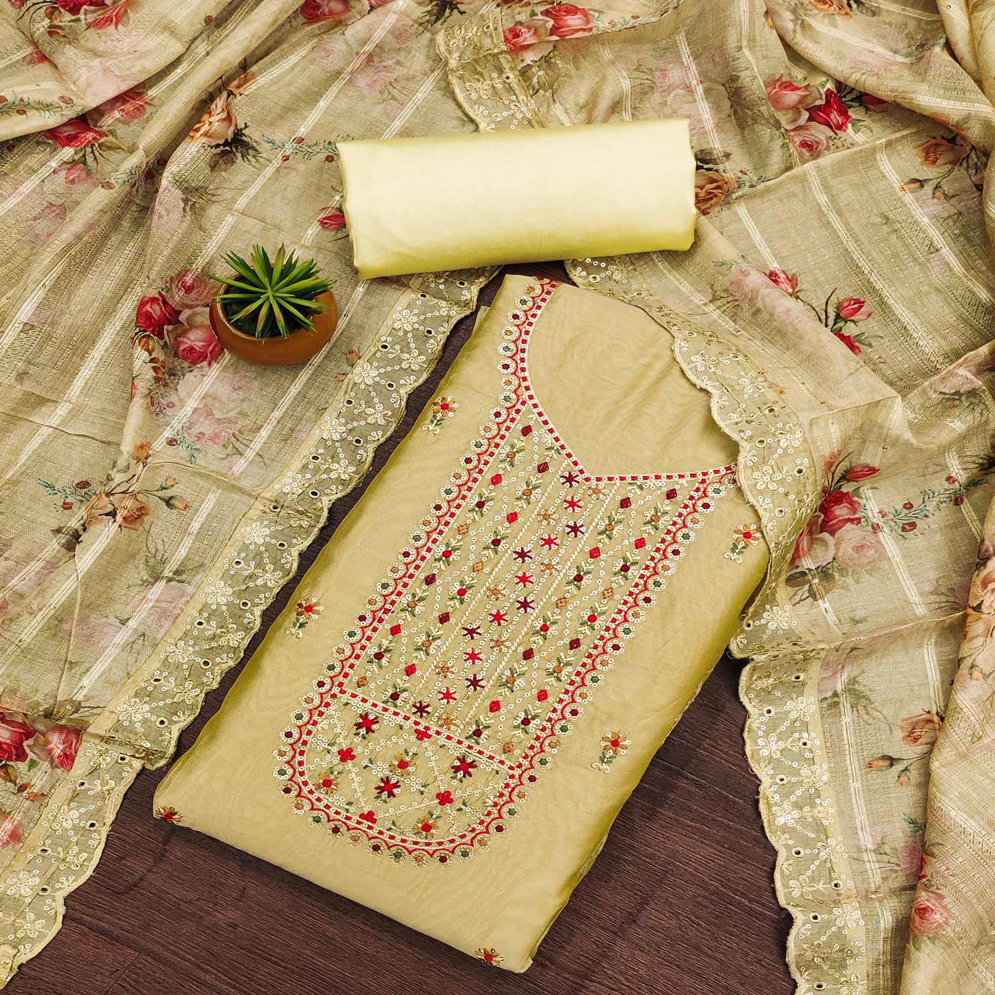 Light Yellow Floral Sequins Embroidered Chanderi Dress Material