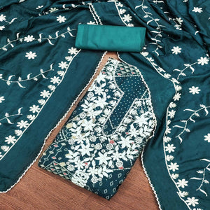 Morpich Floral Embroidery With Foil Printed Pure Cotton Dress Material