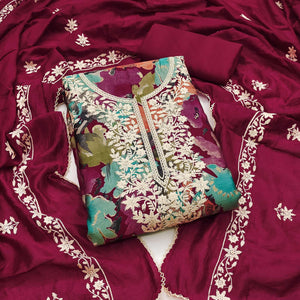 Dark Magneta Floral Embroidery With Printed Cotton Silk Dress Material