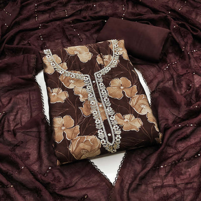 Brown Floral Printed With Handwork Cotton Silk Dress Material