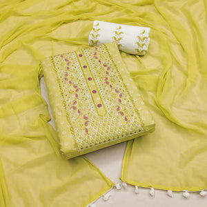 Lemon Yellow Printed With Yoke Embroidered Pure Cotton Dress Material