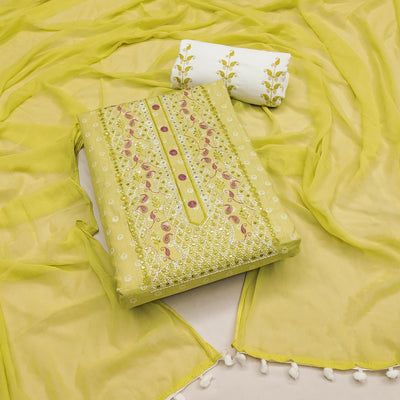 Lemon Yellow Printed With Yoke Embroidered Pure Cotton Dress Material