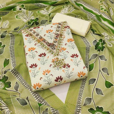Cream Floral Printed Embroidery Work Pure Cotton Dress Material