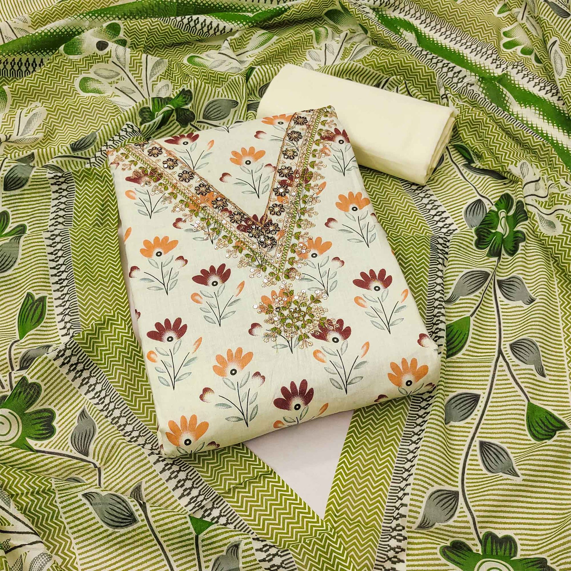 Cream Floral Printed Embroidery Work Pure Cotton Dress Material
