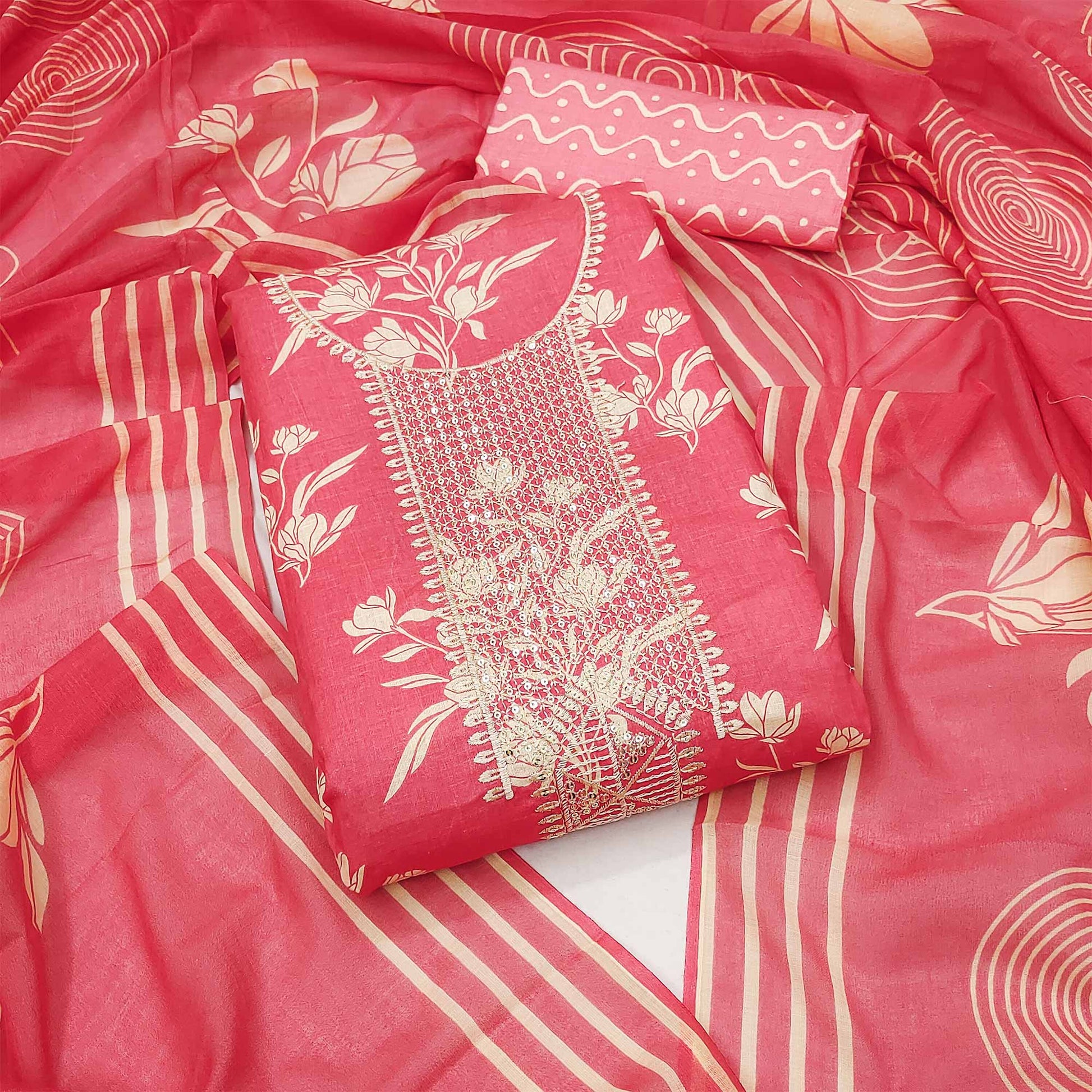 Gajri Pink Printed With Sequins Work Pure Cotton Dress Material