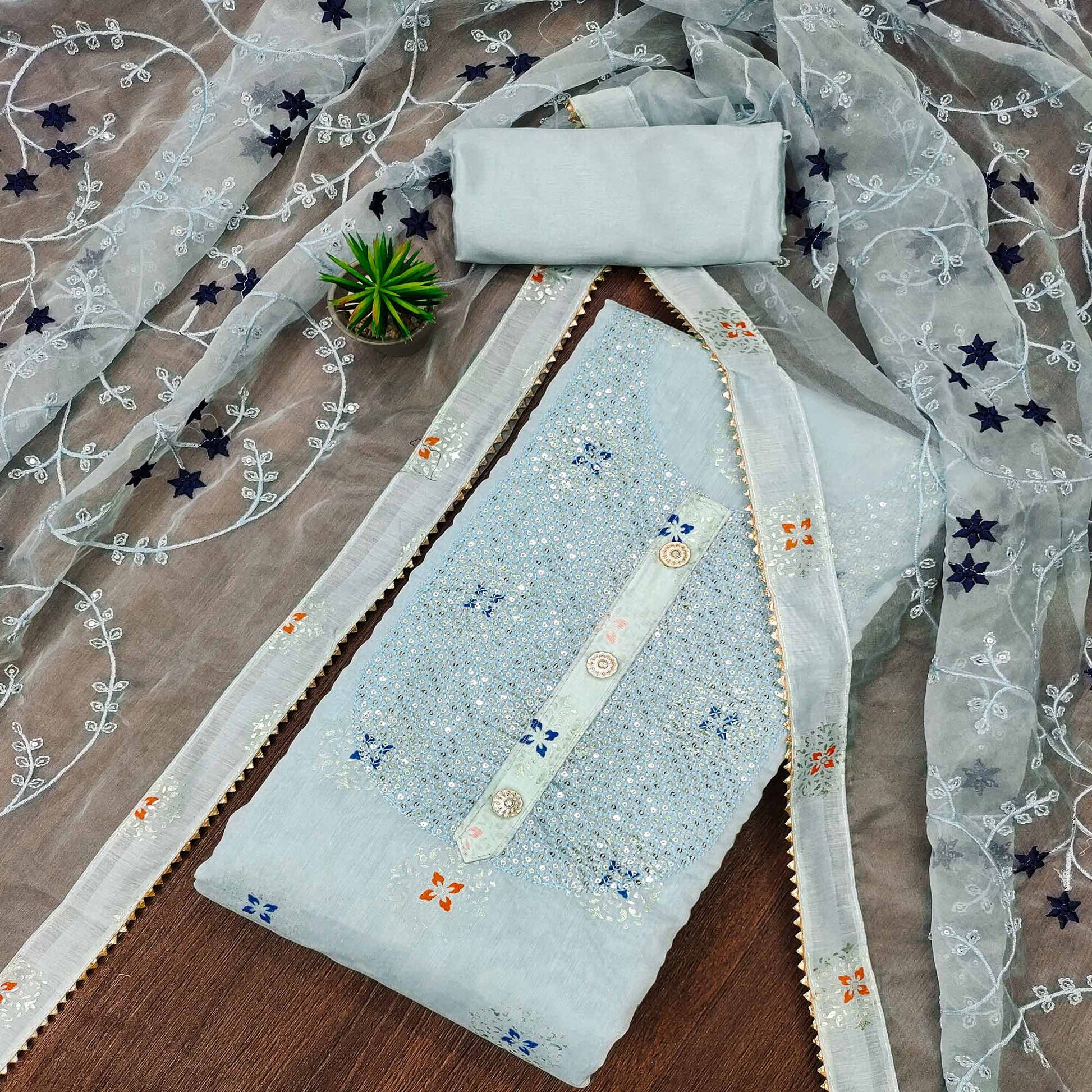 Light Blue Floral Foil Printed Chanderi Dress Material