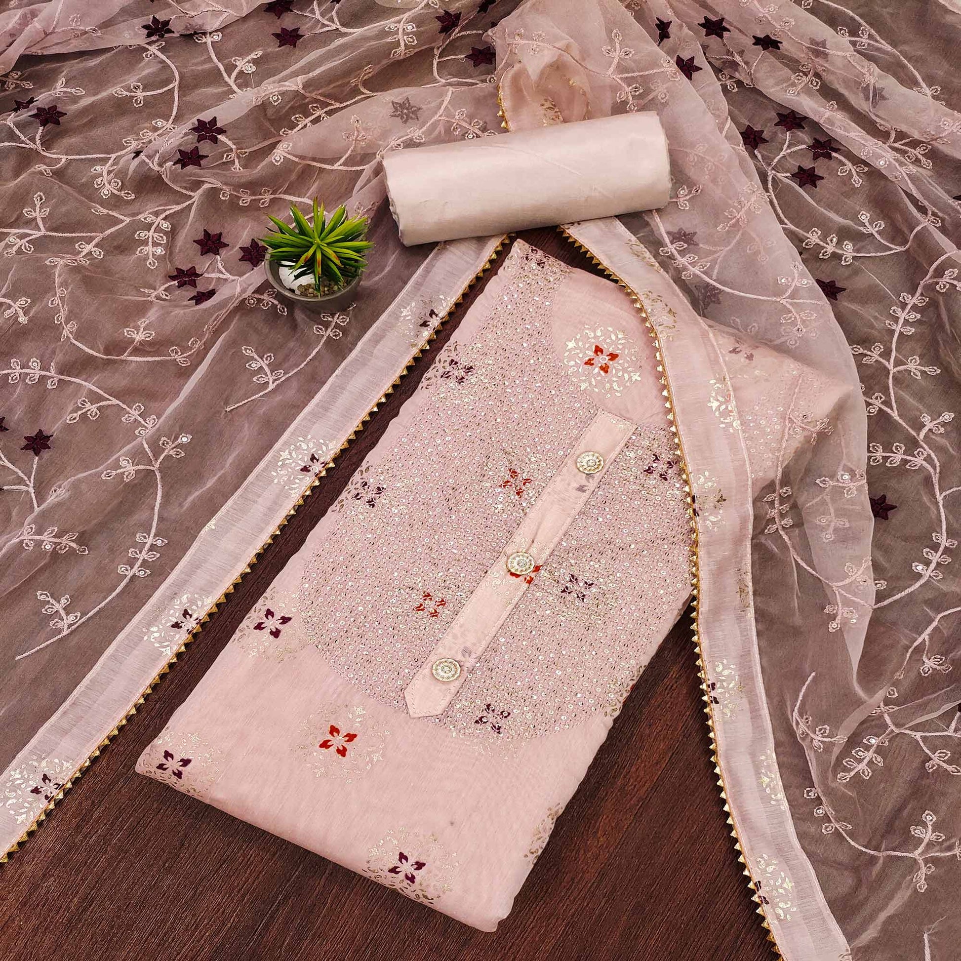 Mauve Floral Foil Printed Chanderi Dress Material