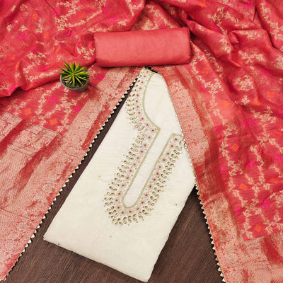 Cream  Handwork Chanderi Dress Material