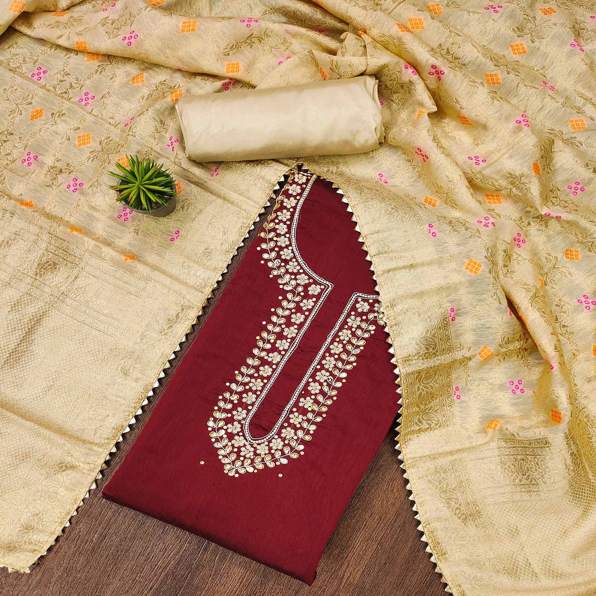 Maroon Handwork Chanderi Dress Material