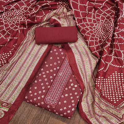 Maroon Bandhani Printed Pure Cotton Dress Material