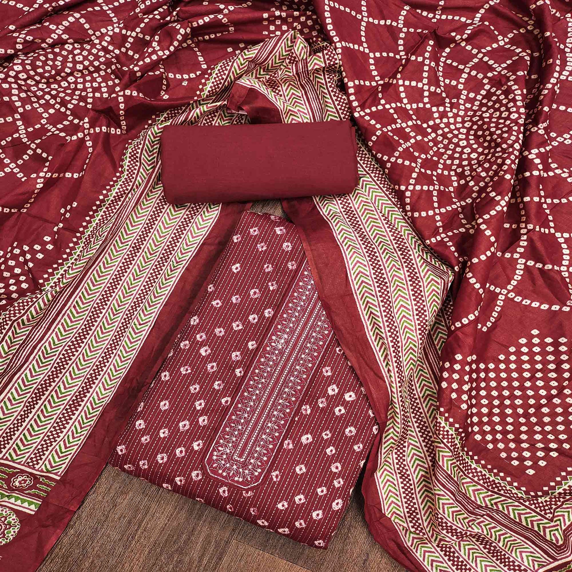Maroon Bandhani Printed Pure Cotton Dress Material