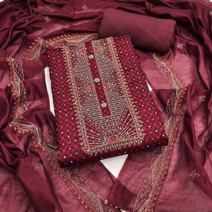 Maroon Printed With Embroidered Satin Dress Material