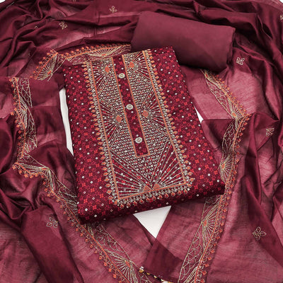 Maroon Printed With Embroidered Satin Dress Material