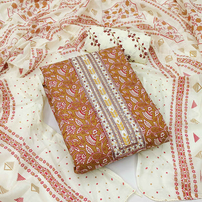 Brown Floral Printed Cotton Blend Dress Material