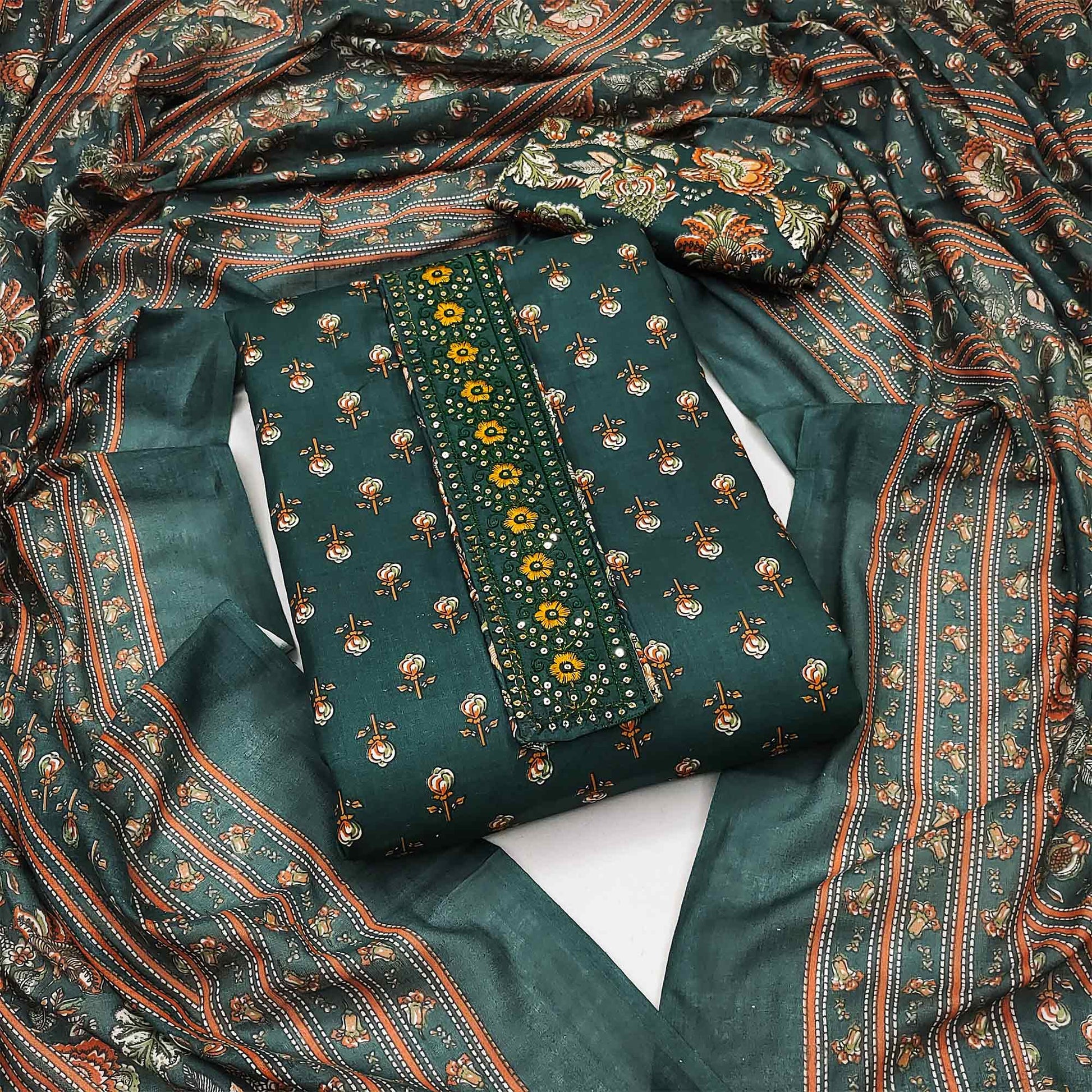 Dark Green Floral Printed Pure Cotton Dress Material
