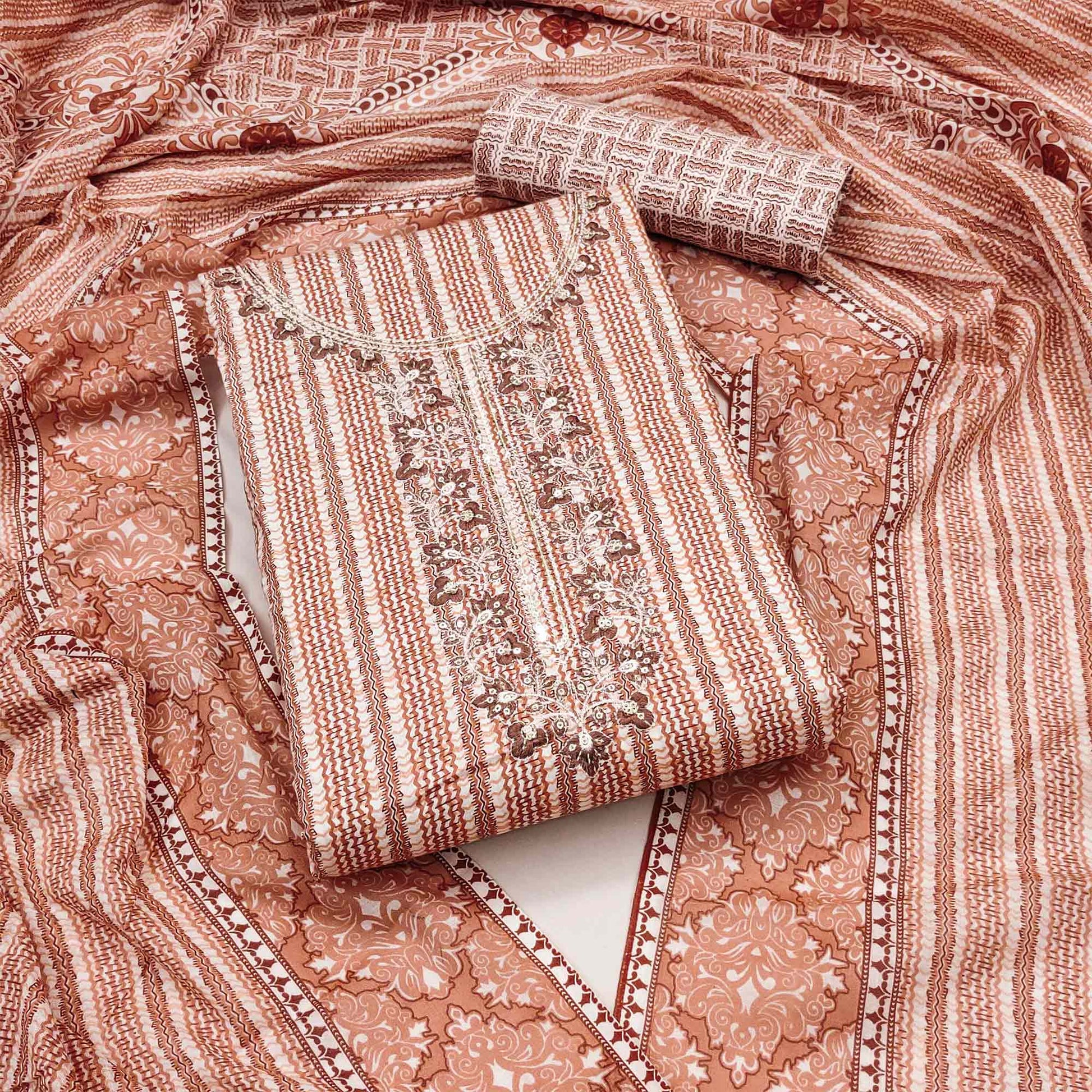 Brown Striped Printed Pure Cotton Dress Material