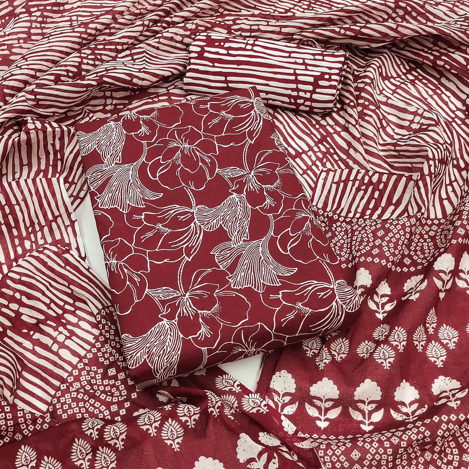 Maroon Floral Printed Pure Cotton Dress Material