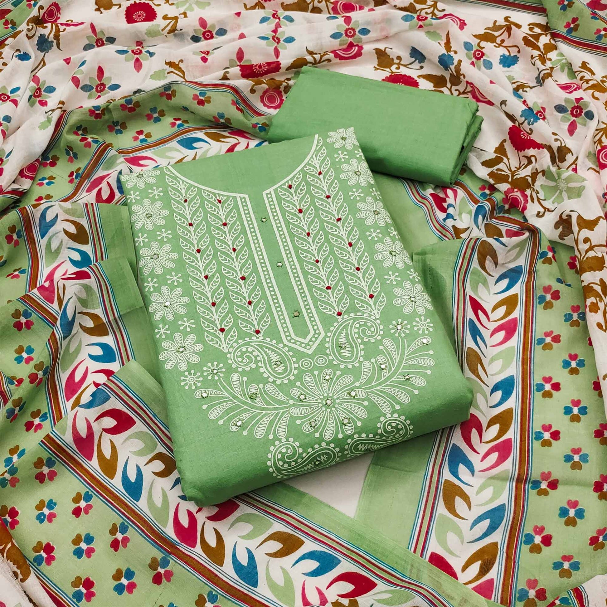 green-printed-mirror-work-pure-cotton-dress-material