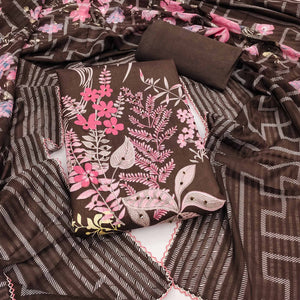 Brown Floral Printed Pure Cotton Dress Material