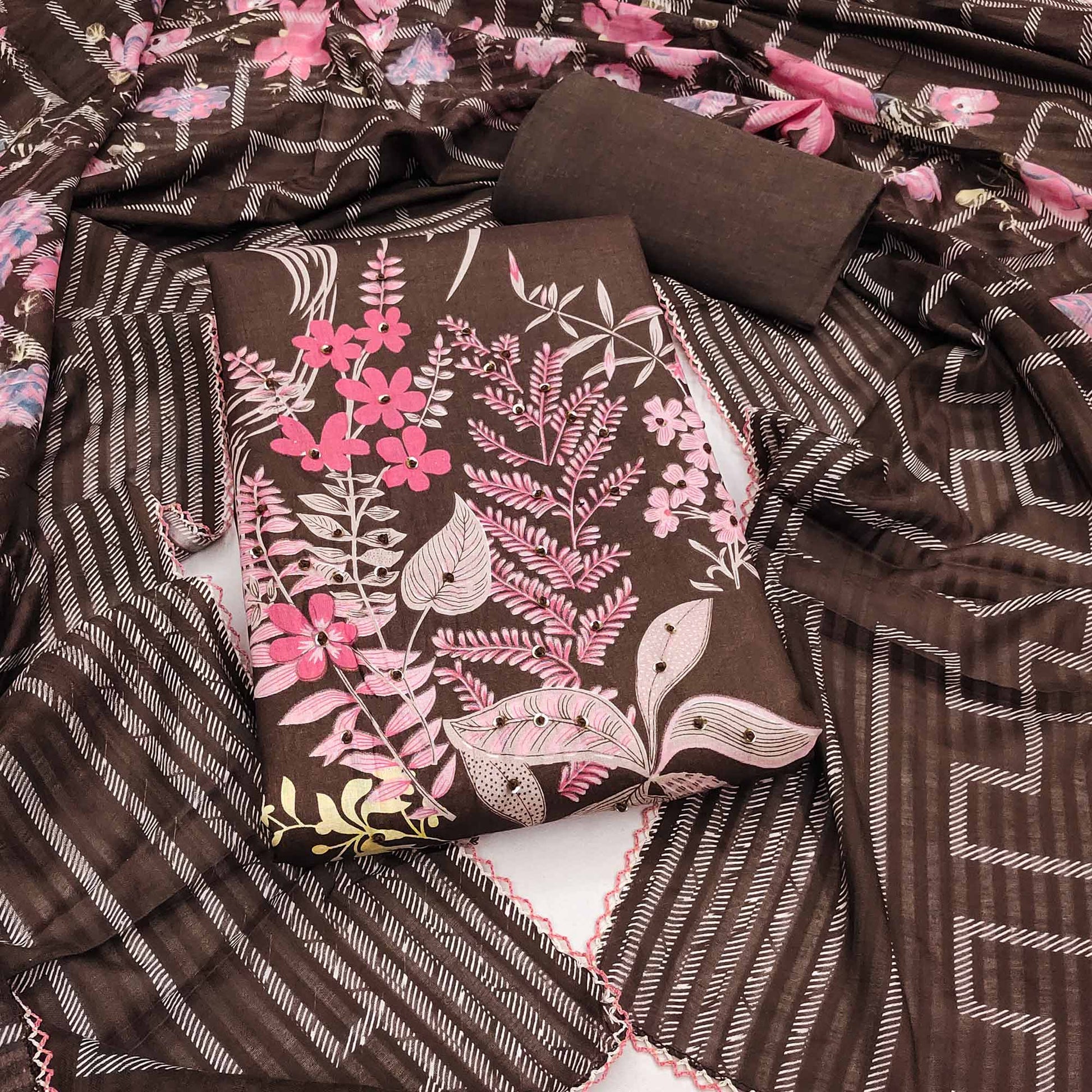 Brown Floral Printed Pure Cotton Dress Material