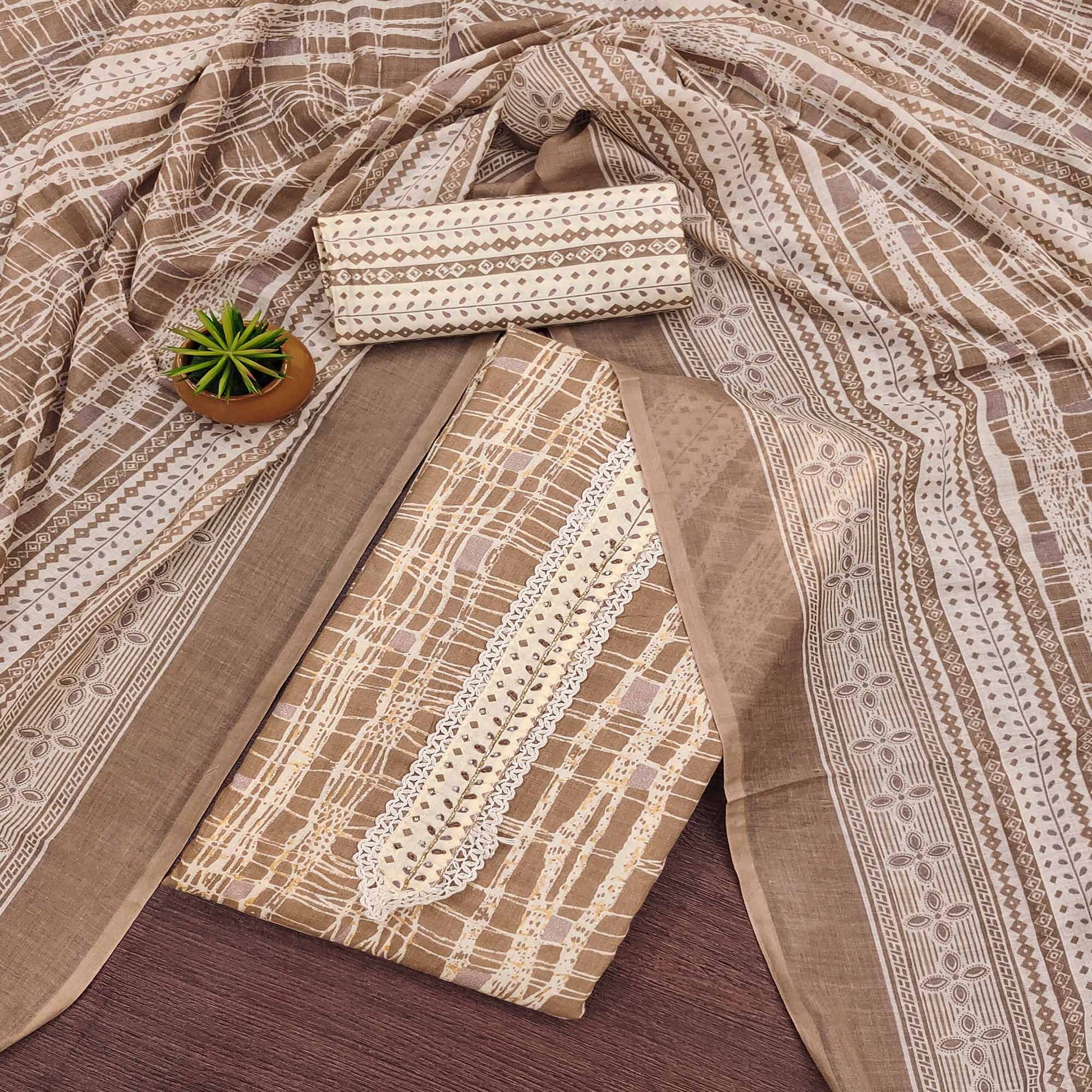 Brown Printed Pure Cotton Dress Material
