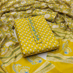 Lemon Yellow Floral Printed Pure Cotton Dress Material