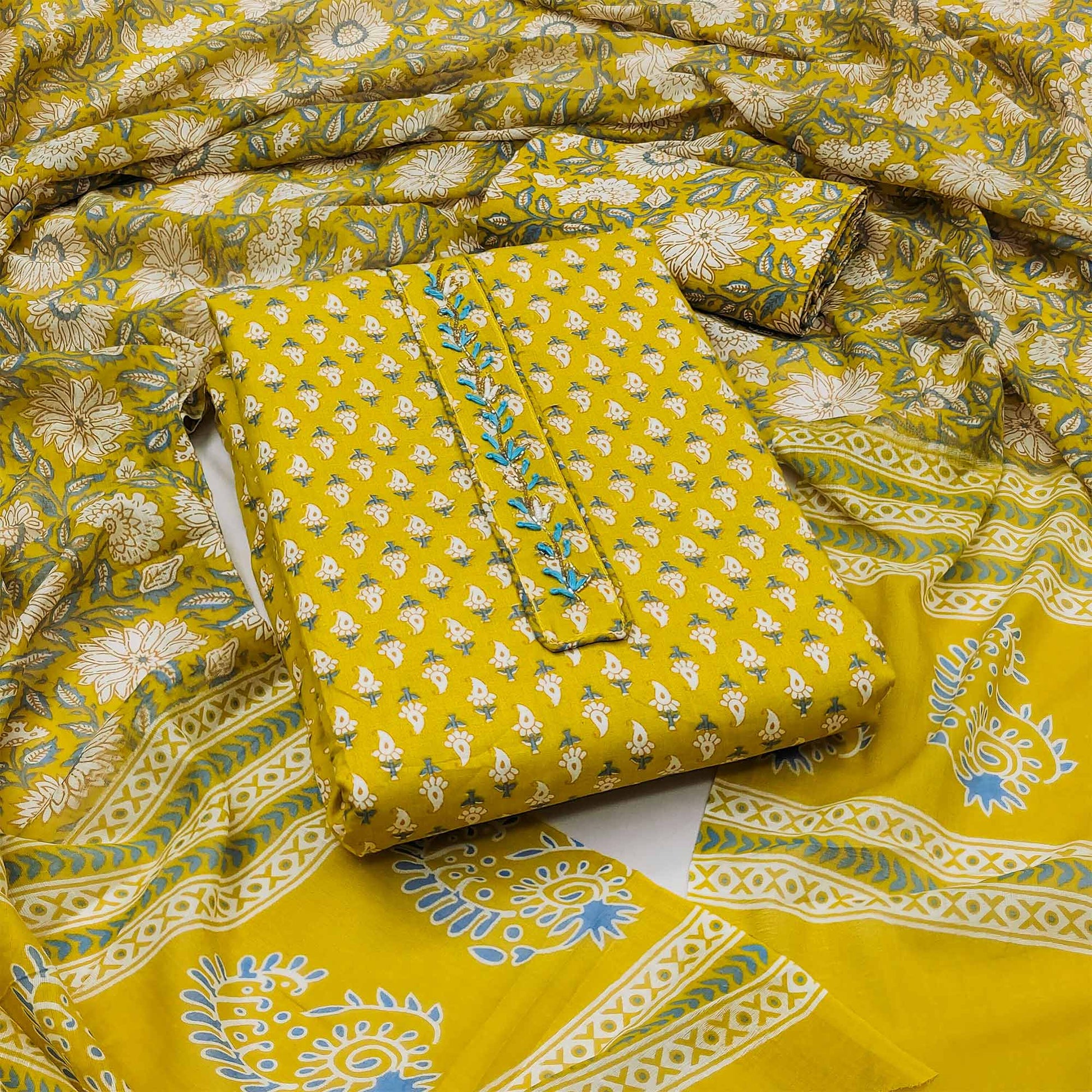 Lemon Yellow Floral Printed Pure Cotton Dress Material
