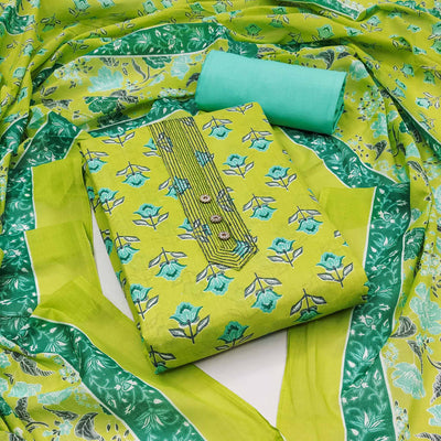 Lemon Green Floral Printed Pure Cotton Dress Material