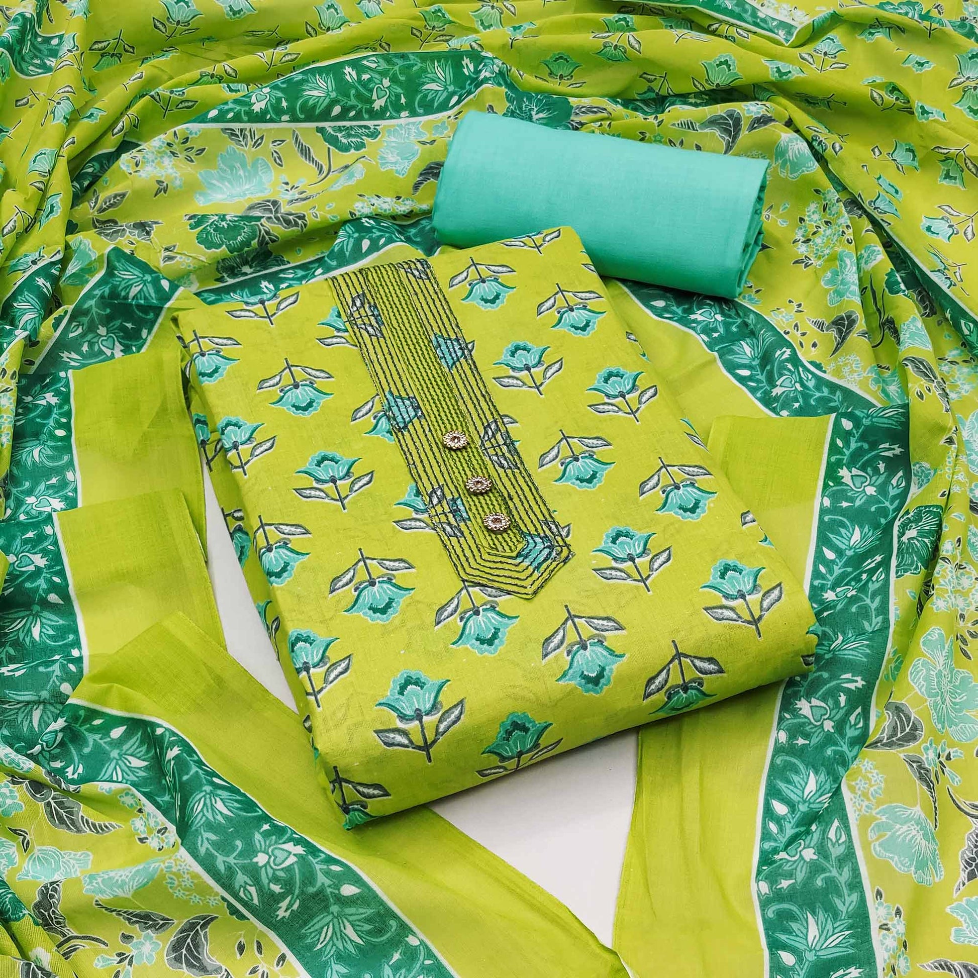 Lemon Green Floral Printed Pure Cotton Dress Material